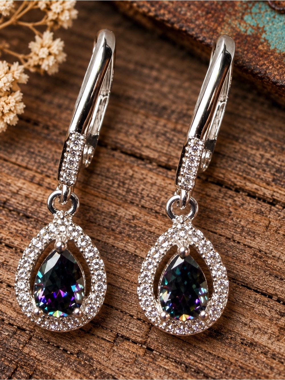 925 Sterling Silver Moissanite Mystic Rainbow Drop Earring